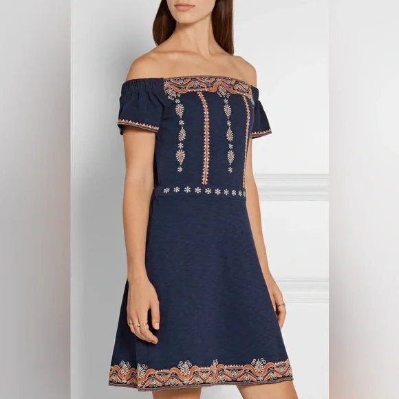 TORY BURCH “Nell” off-the-shoulder Embroidered Mini Dress Size: large - Picture 3 of 8